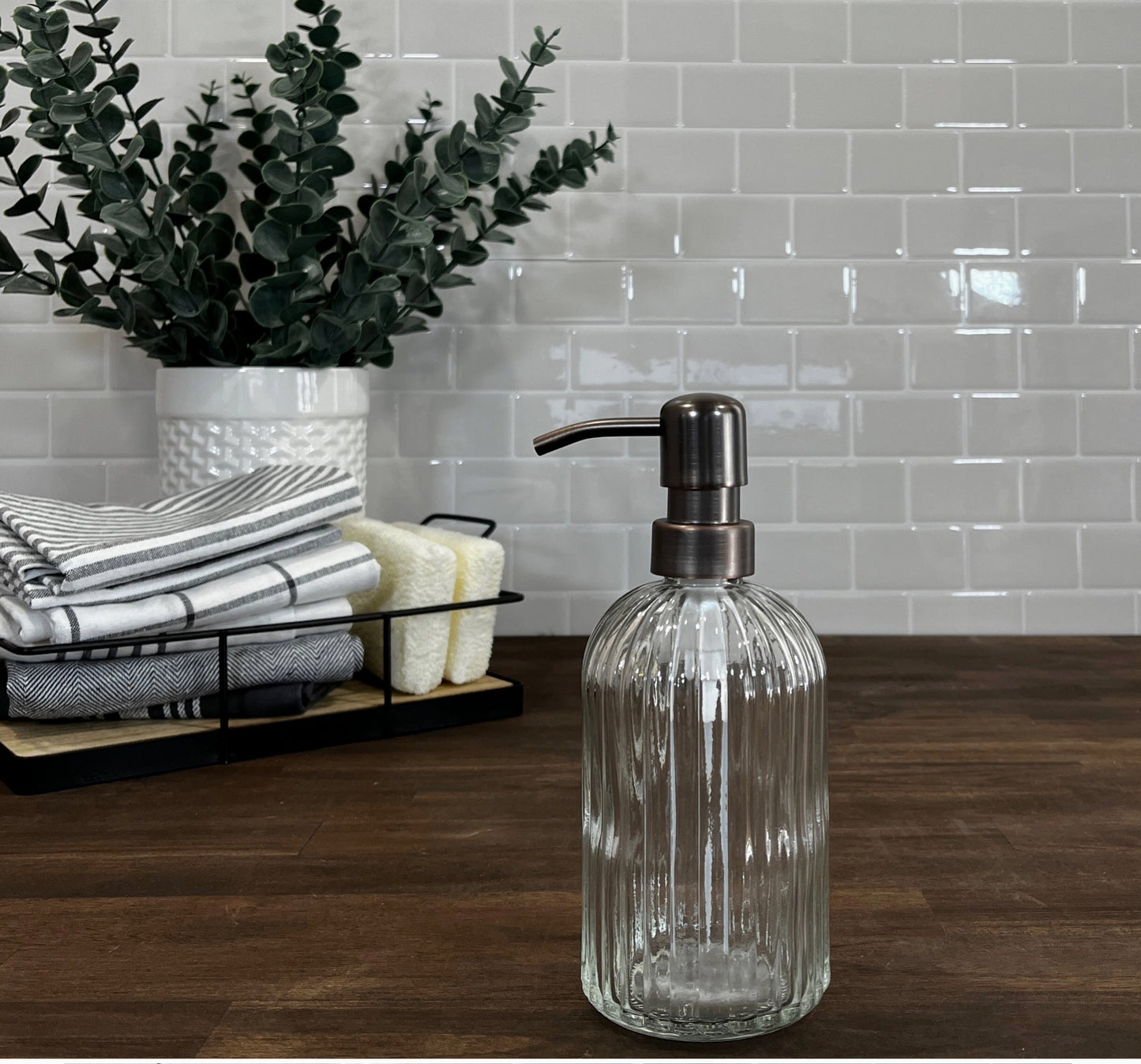 Bottle Soap Dispenser (Glass) with Silver Metal Pump 14 oz Fluted