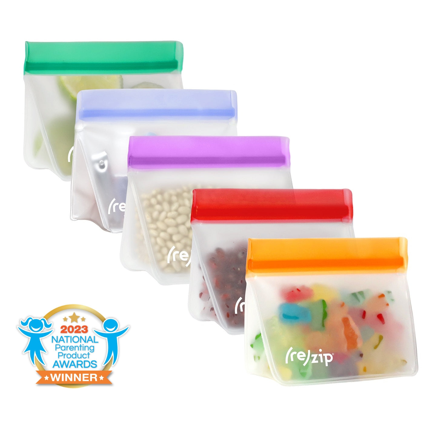 1-Cup (re)zip Reusable Snack Bags - 5 Stand-Up Rainbow Zip Bags