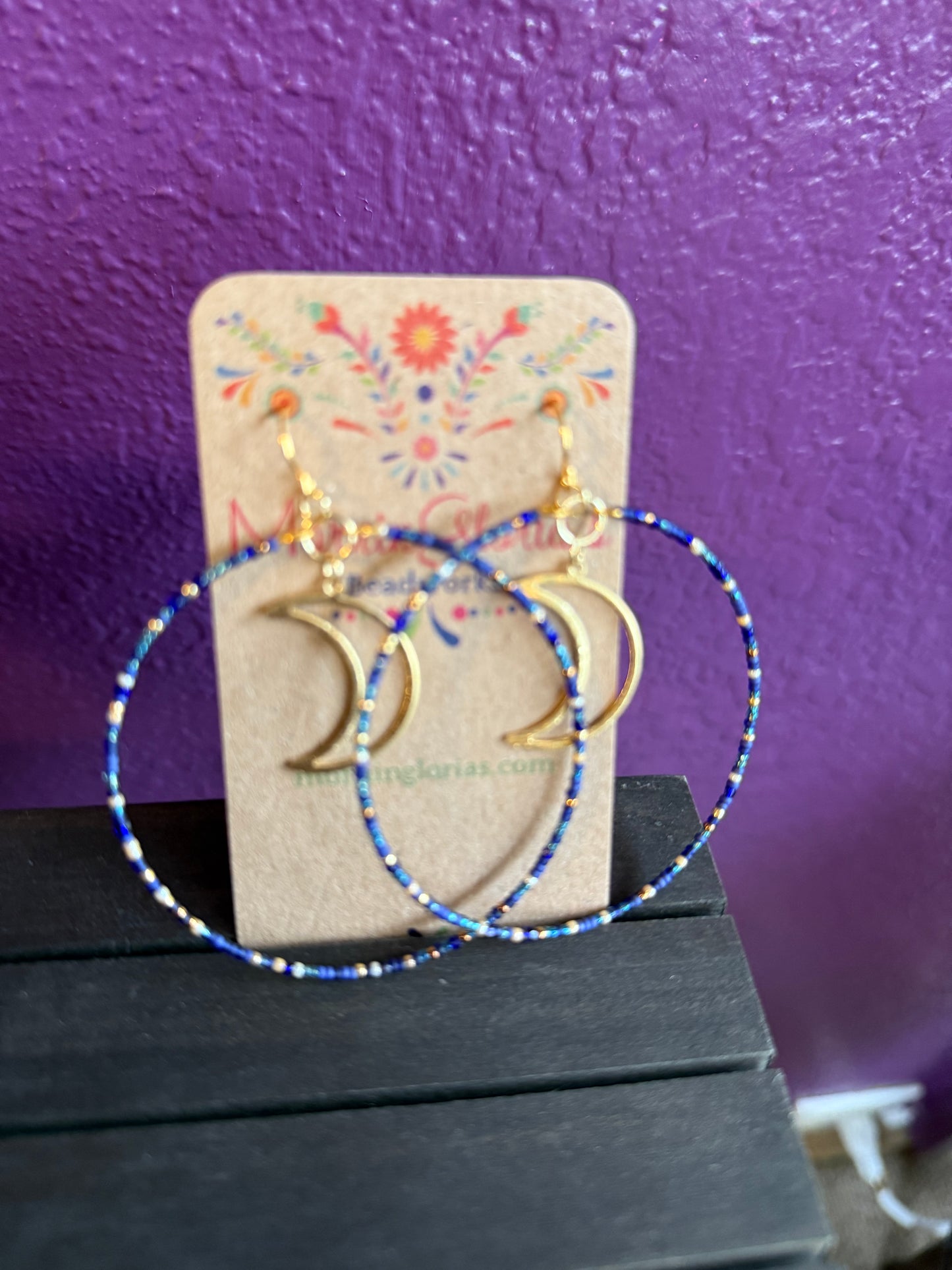 Earrings - Seed Bead Gold Blue Large Circle with Moon (Fish Hook)