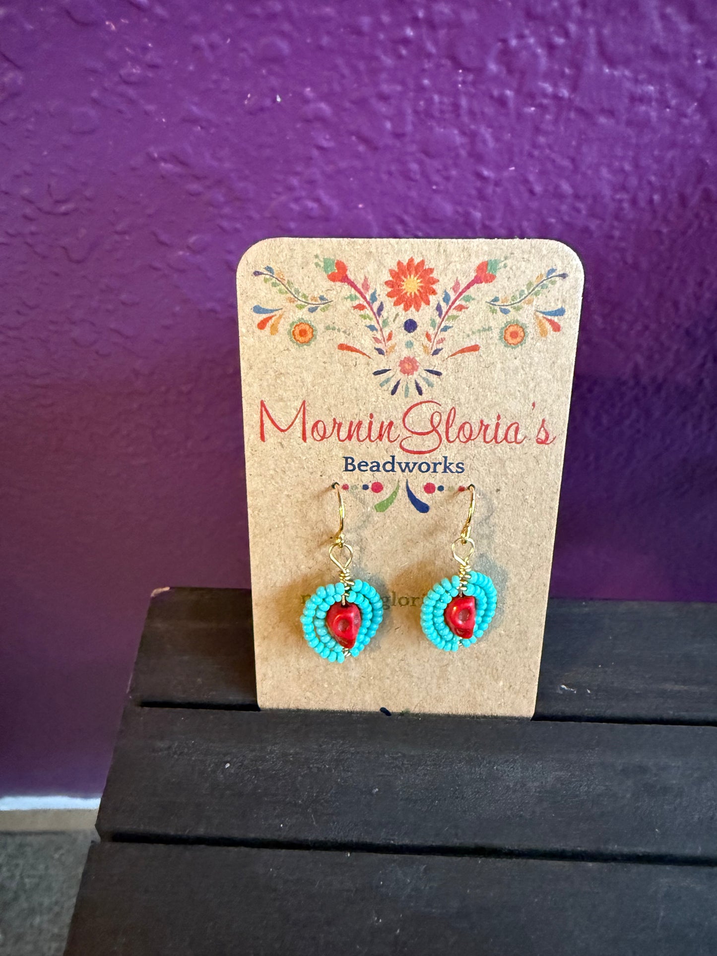 Earrings - Turquoise Red Sugar Skull (Fish Hook) Dia de los Muertos