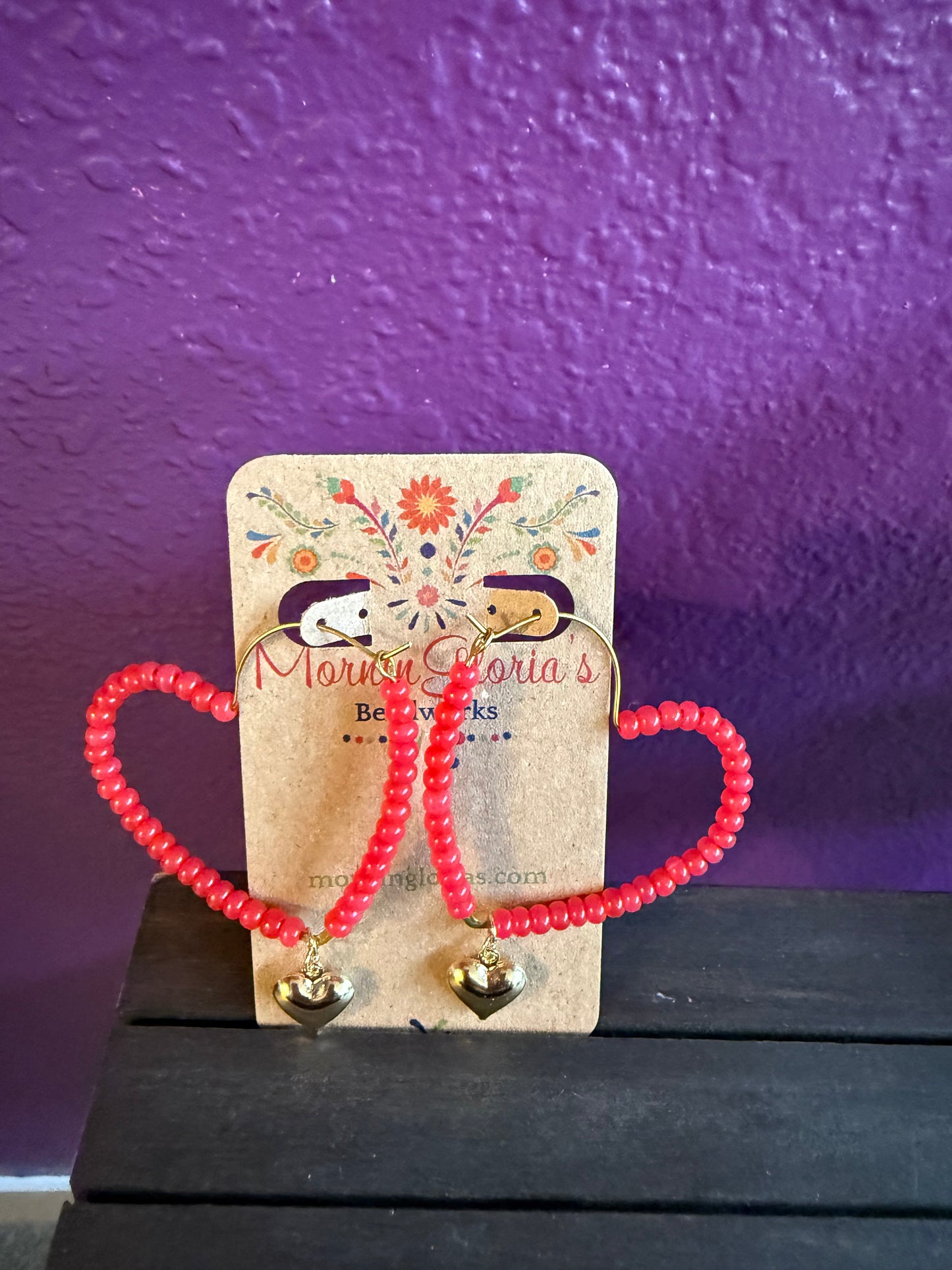 Earrings - Seed Bead Hearts with Heart Charm