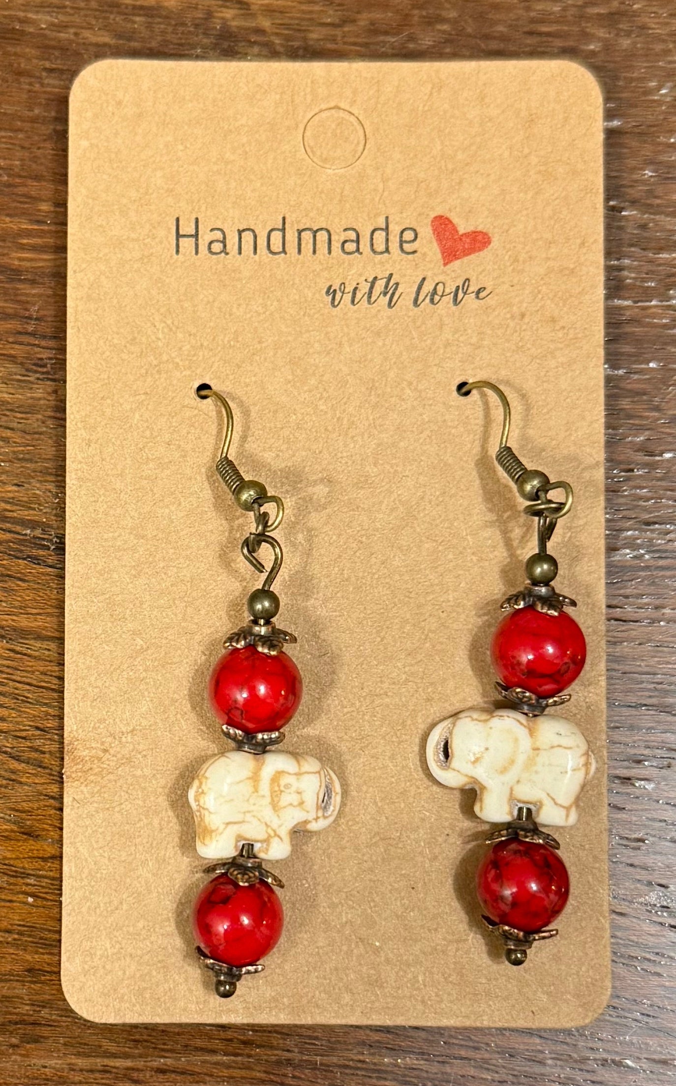 Earrings - Two Round Red Stones with White Elephant Stone with Fish Hook