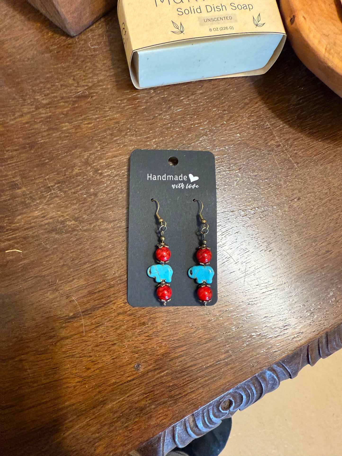 Earrings - Two Round Red Stones with Blue Elephant Stone Fish Hook Style