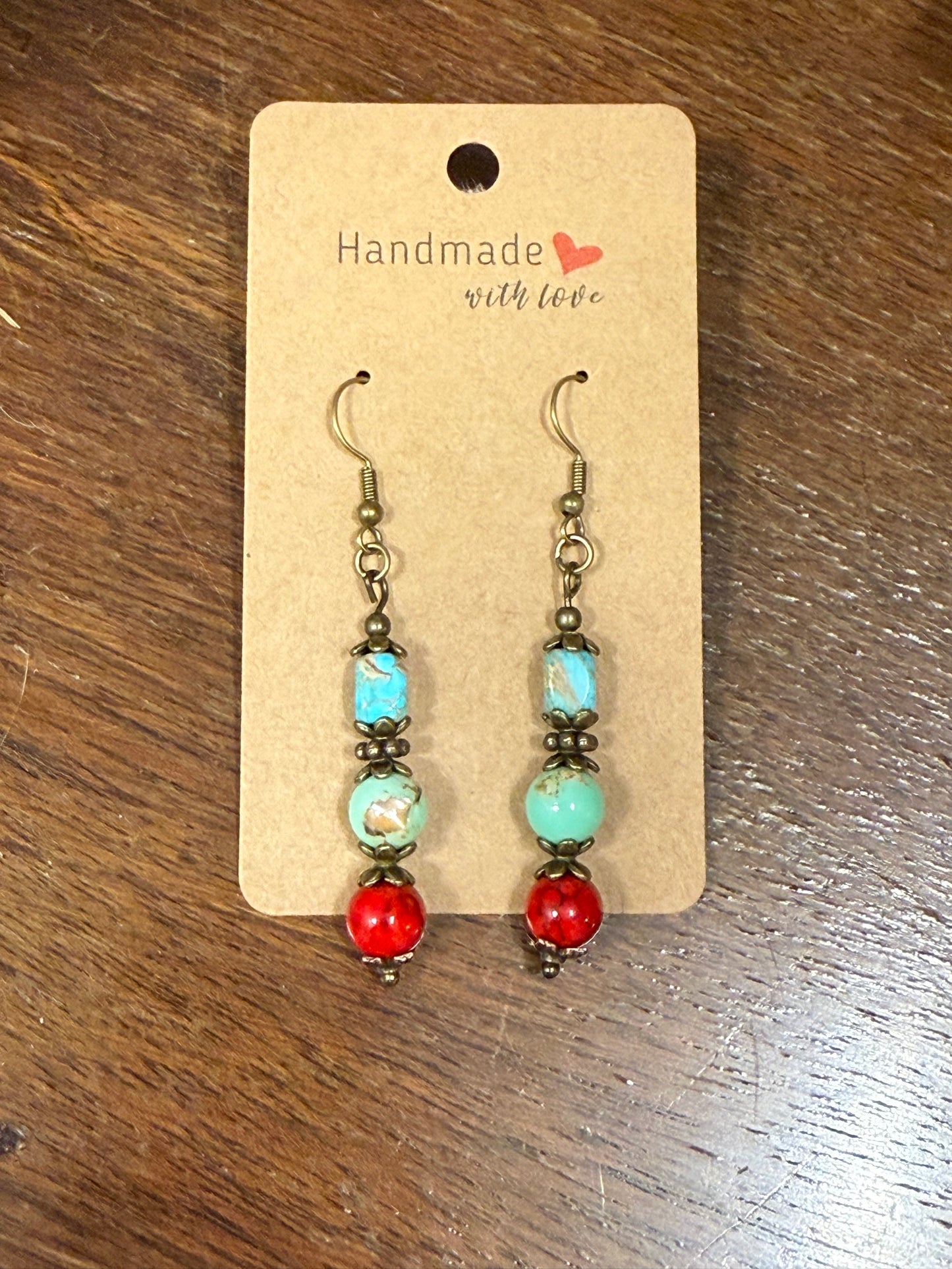 Earrings - Rectangle Blue Stone, Round Blue Stone, and Round Red Stone Fish Hook Style