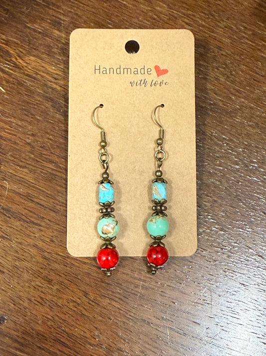 Earrings - Rectangle Blue Stone, Round Blue Stone, and Round Red Stone Fish Hook Style