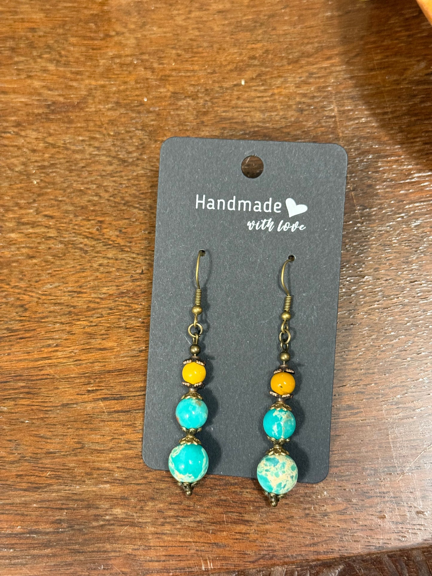 Earrings - Two Blue Round Stones with Yellow Round Stone Fish Hook Style