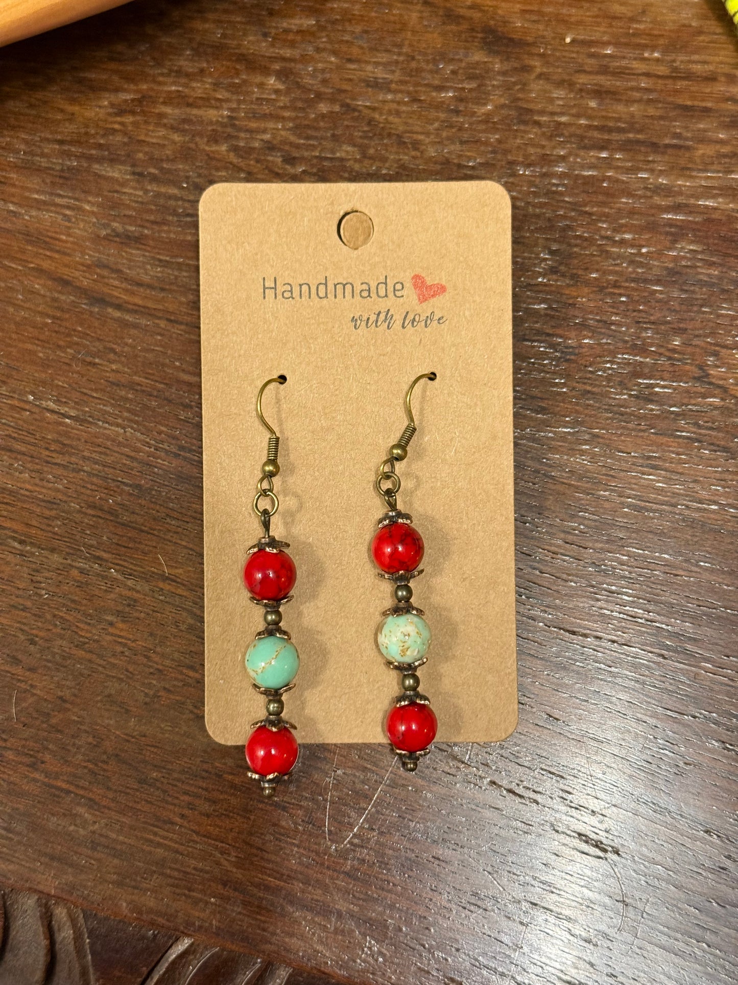 Earrings - Two Round Red Stones with Blue Round Stone Fish Hook Style