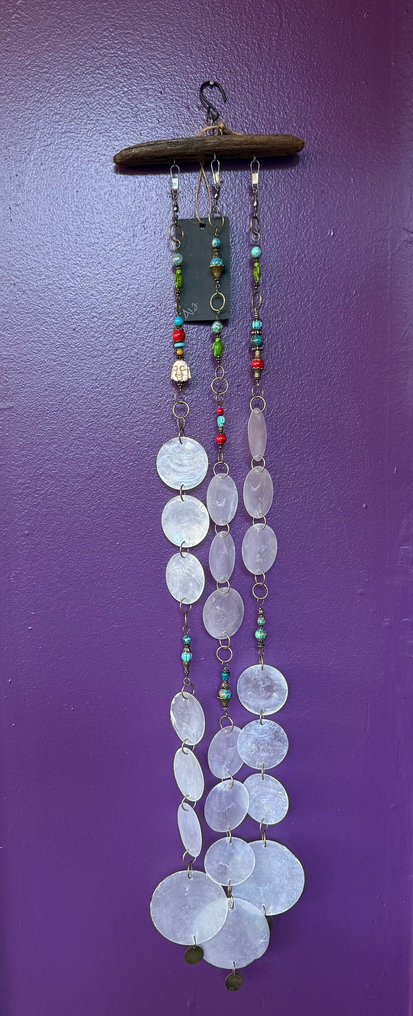 Wind Chime Buddha 34” long - Driftwood, Capiz Shells, and Natural Stone