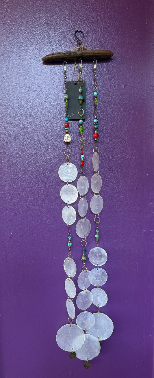 Wind Chime Buddha 34” long - Driftwood, Capiz Shells, and Natural Stone