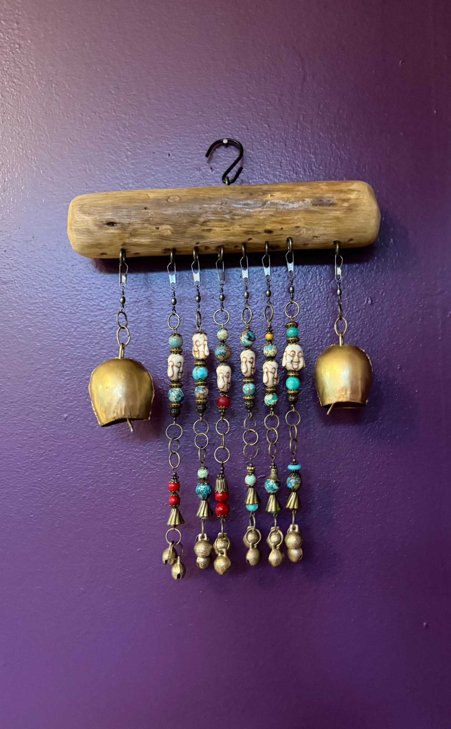 Wind Chime 13” long - Driftwood, Copper Bells, and Natural Stone