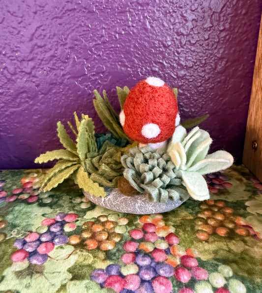 Felt Rust Colored Mushroom with Succulents on Oval Rock - 5 x 3 1/2