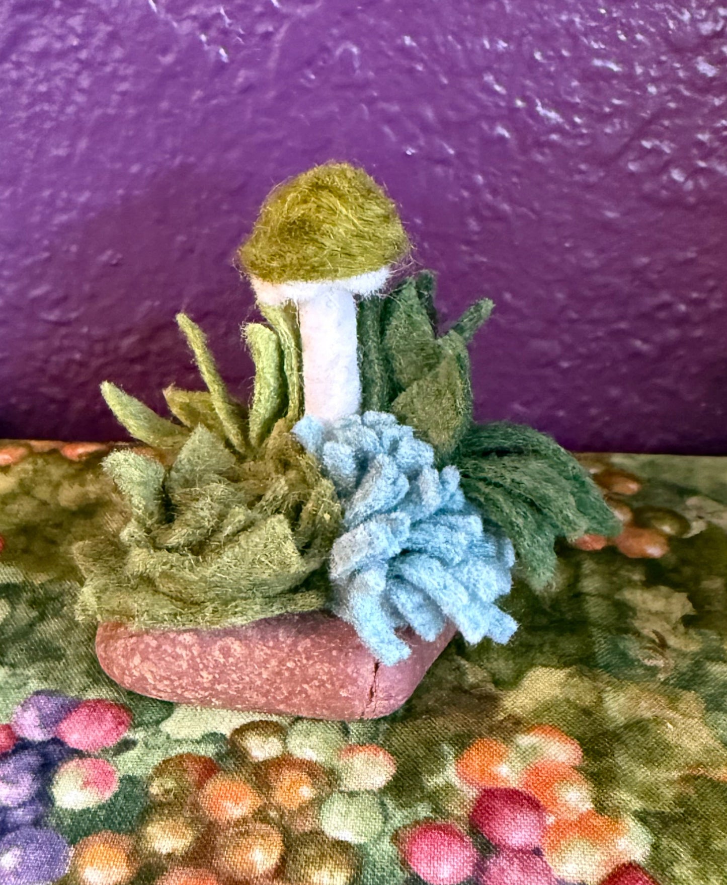 Felt Small Green Colored Mushroom and Succulents on Oval Rock - 3 x 2 1/2