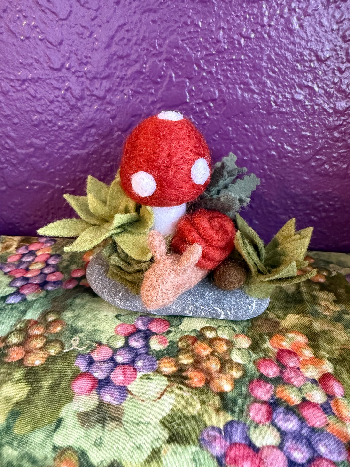 Felt Rust Colored Mushroom with Snail and Succulents on an Oval Rock- 5 x 3 1/2