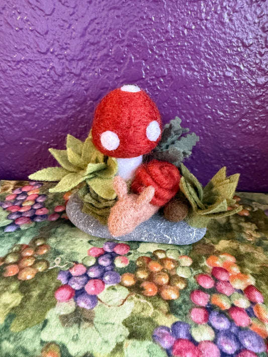 Felt Rust Colored Mushroom with Snail and Succulents on an Oval Rock- 5 x 3 1/2