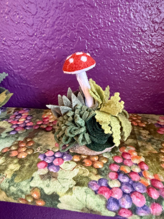 Felt Rust Colored Mushroom with Succulents on Oval Rock - 4 x 3