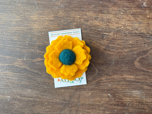 Brooch - Gold Flower with Green & Gold Leaves Felt 2 1/2”
