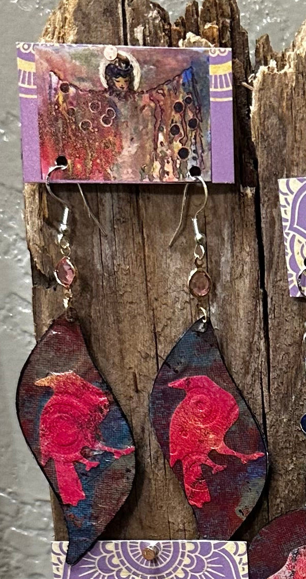 Earrings from Recycled Cans - Red Crow Round Curved Oval