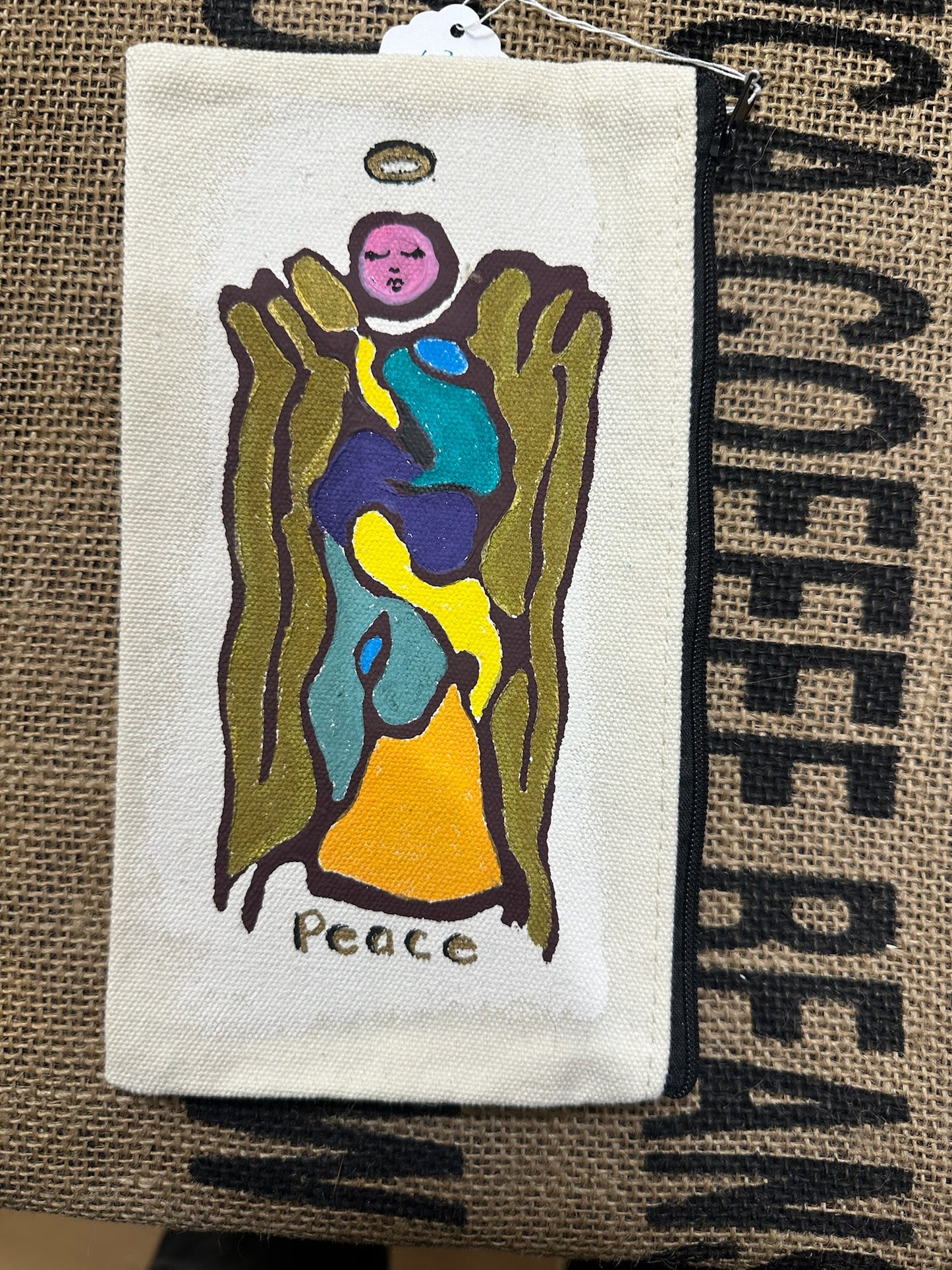 Canvas Bag - Painted -  “Peace” Angel in Yellow with Zipper