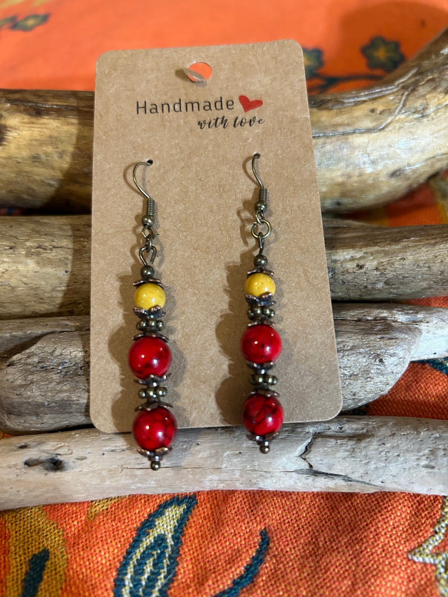 Earrings - Red and Yellow (Three) Stone with Fish Hook