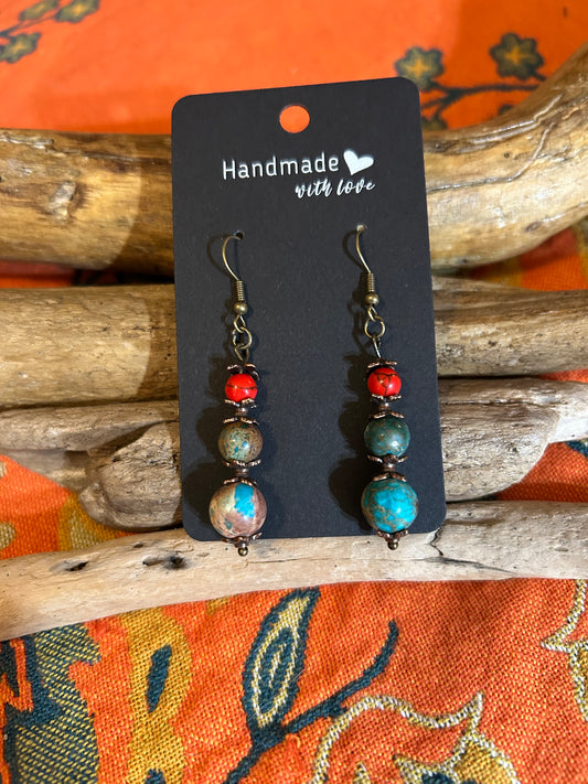 Earrings - Red and Blue (Three) Stone with Fish Hook