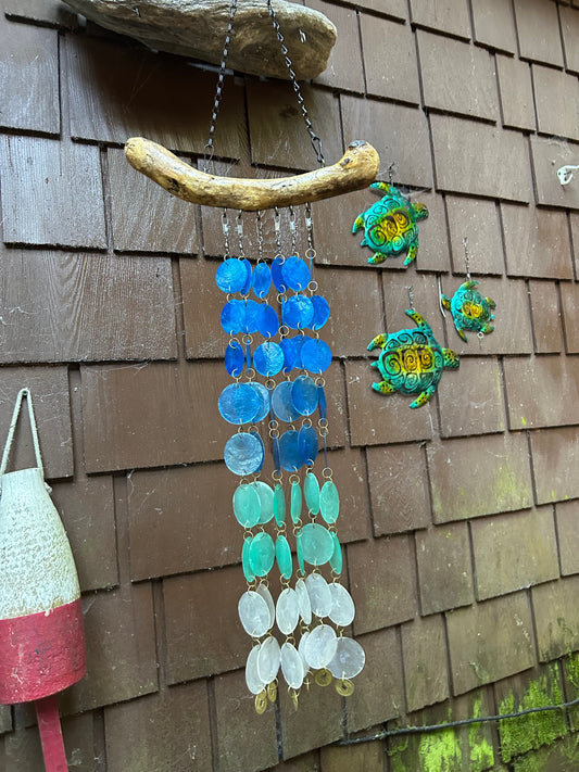 Wind Chime 39” long - Driftwood, Blue Capiz Shells, and Natural Stone