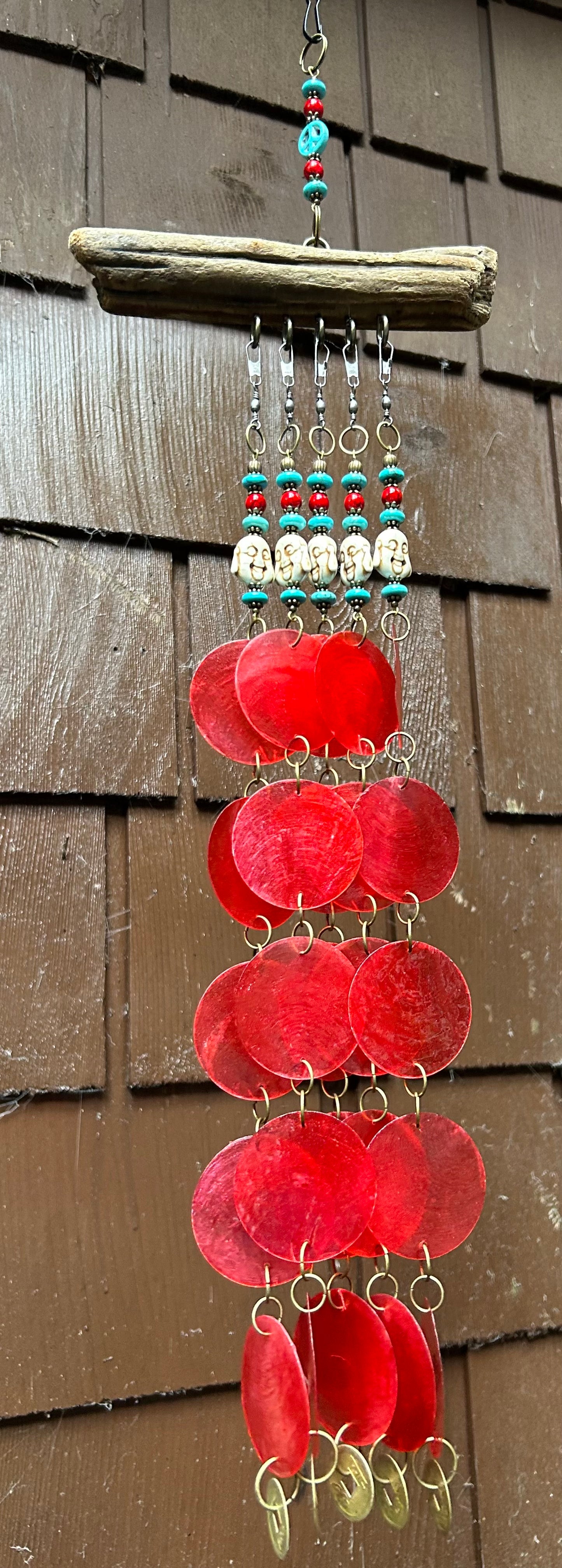 Wind Chime 26” long - Driftwood, Red Capiz Shells, and Natural Stone