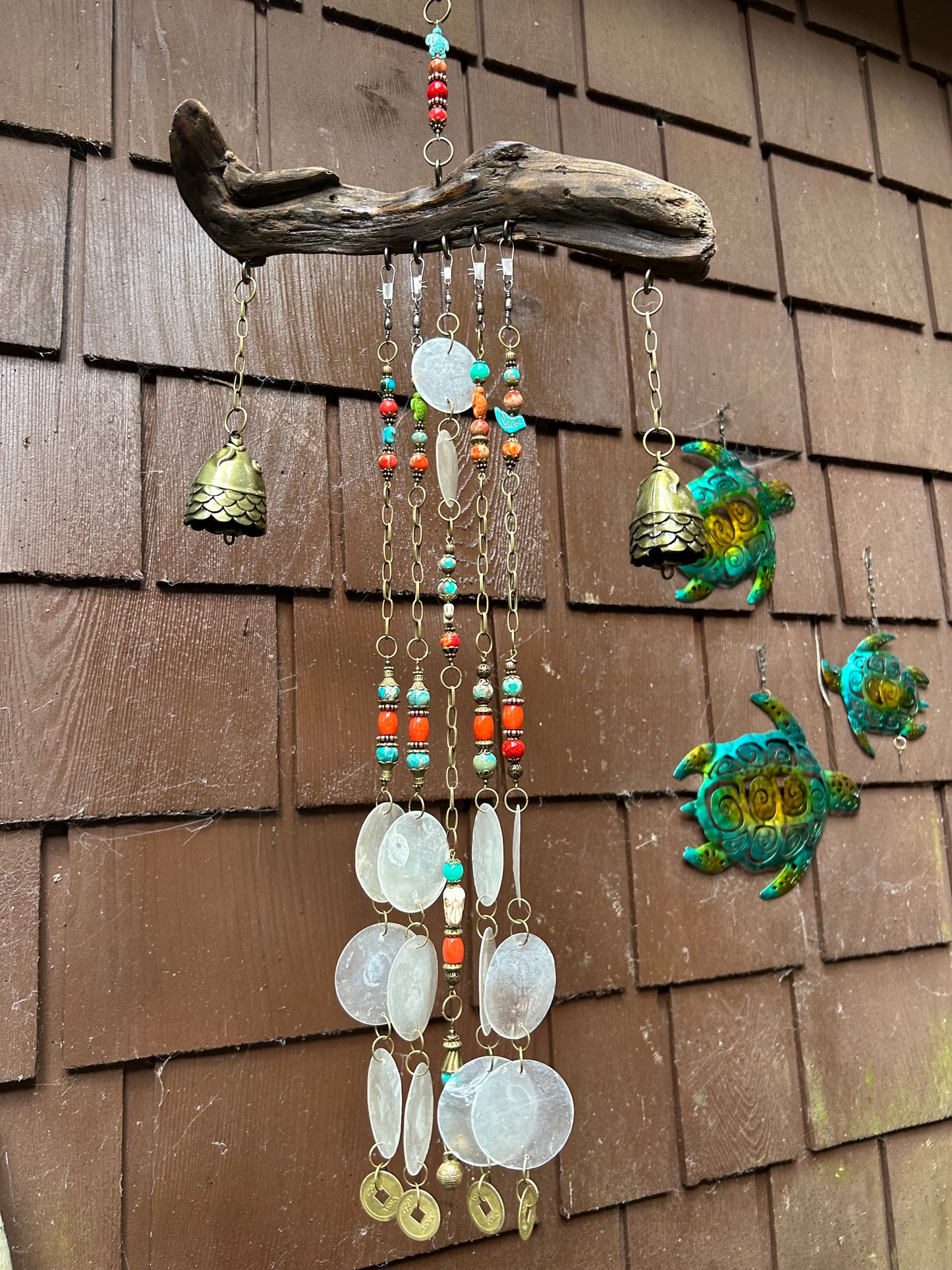 Wind Chime 28” long - Driftwood, Capiz Shells, and Natural Stone with Owl Bells