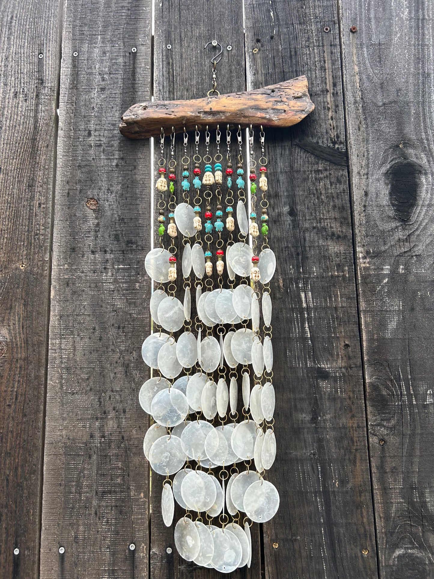 Wind Chime Young Buddha 35” long - Driftwood, Capiz Shells, and Natural Stone