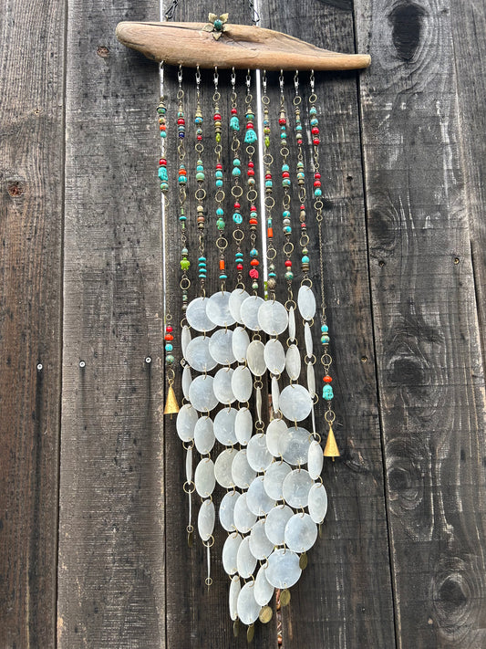 Wind Chime Flower with Turquoise Stone 16”x44” long - Driftwood, Capiz Shells, and Natural Stone