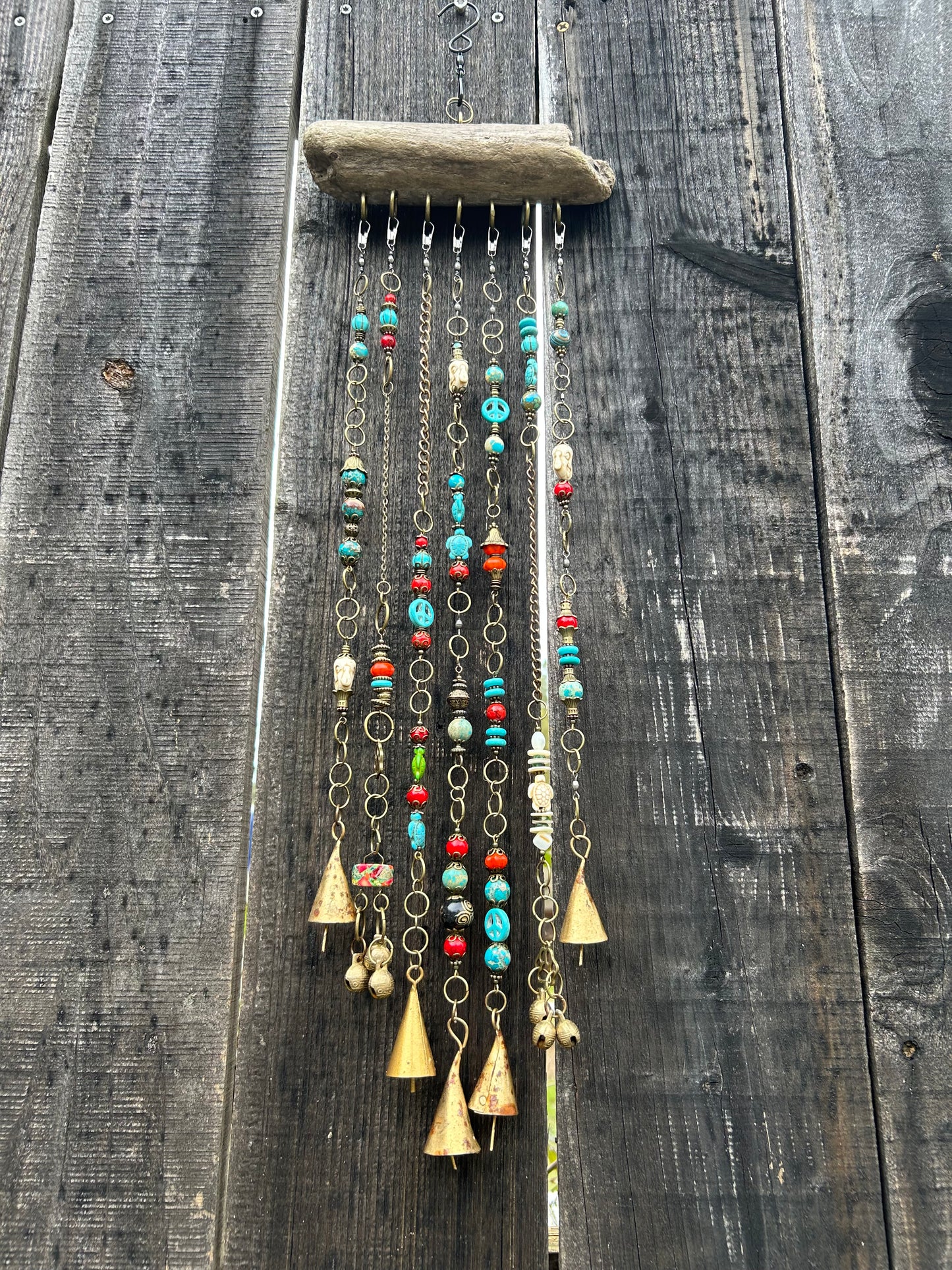 Wind Chime 27” long - Driftwood, Capiz Shells, and Natural Stone with Bells