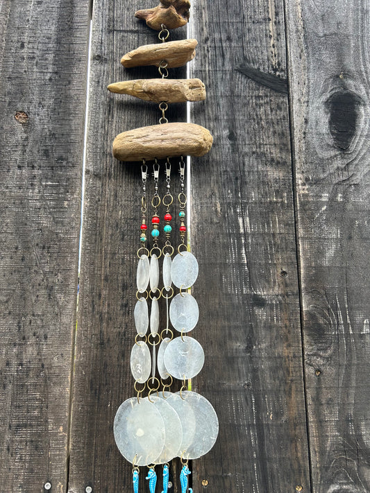 Wind Chime Blue Seahorse 30” long - Driftwood, Capiz Shells, and be Natural Stone