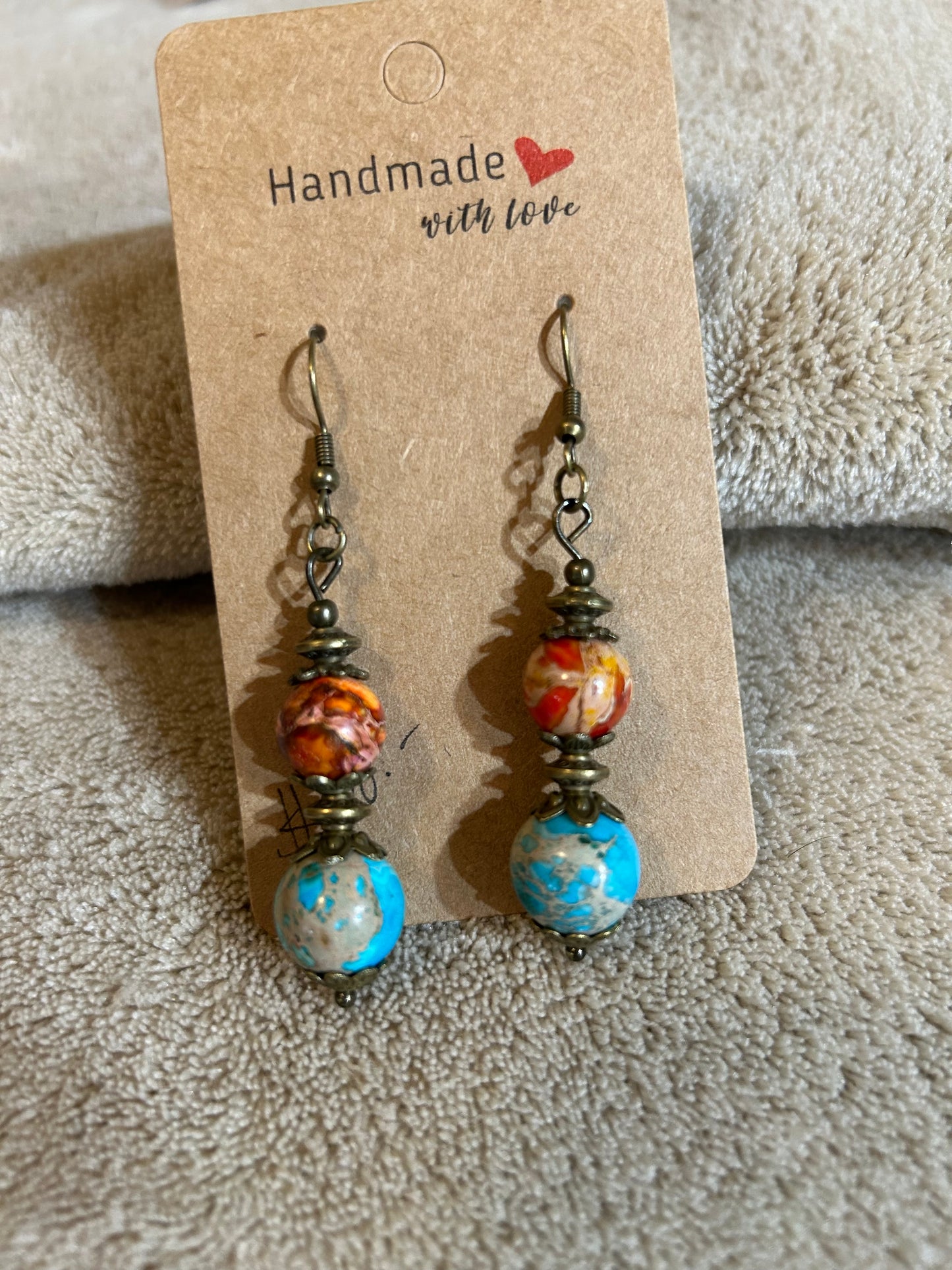 Earrings - One Orange & One Blue Round Stone - Fish Hook Style