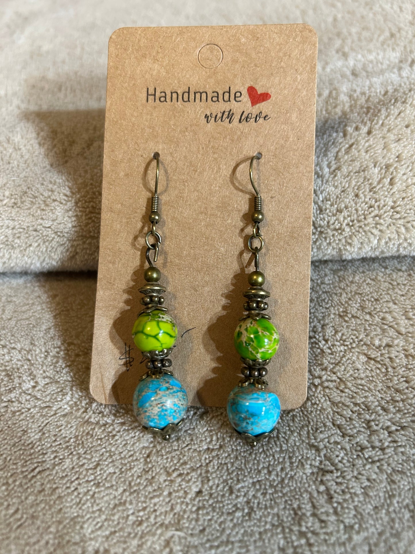 Earrings - One Green & One Blue Round Stone - Fish Hook Style