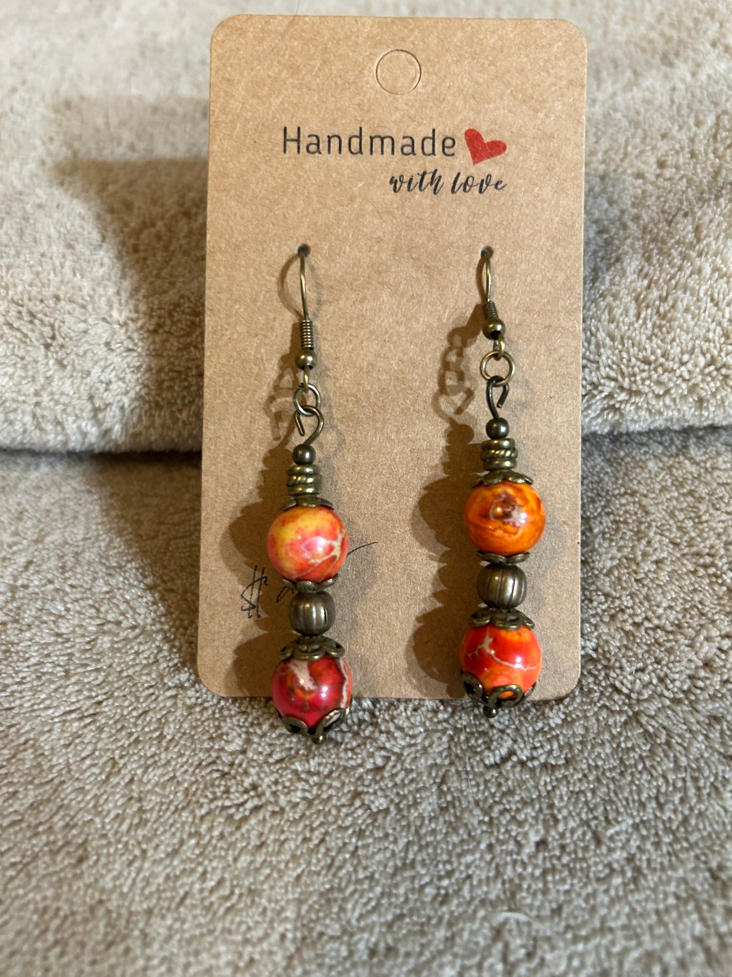 Earrings - Two Orange Round Stones - Fish Hook Style