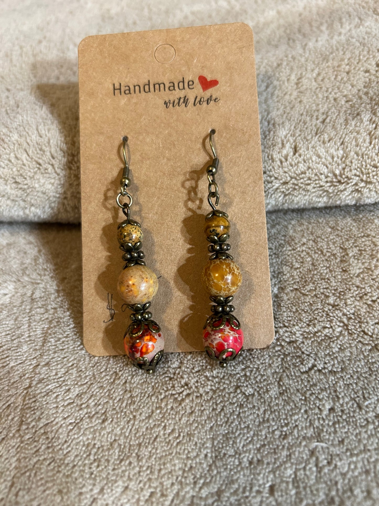 Earrings - Two Yellow Round Stones & One Orange Round Stone - Fish Hook Style