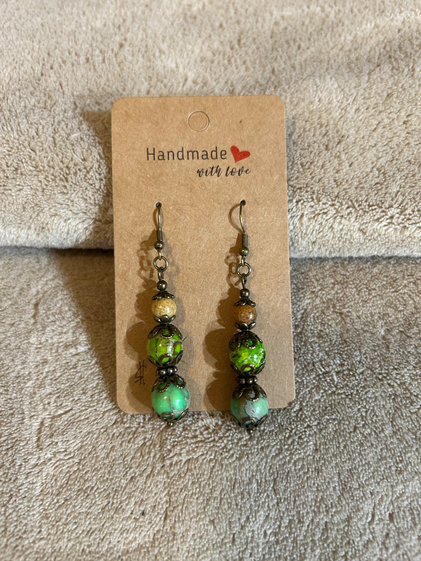 Earrings - Two Green Round Stones & One Yellow Round Stone - Fish Hook Style