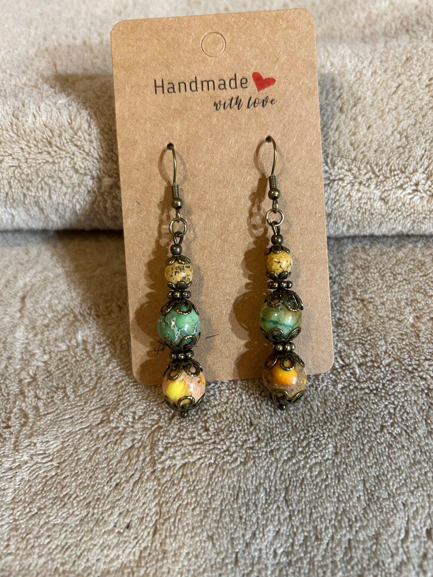 Earrings - Two Yellow Round Stones & One Turquoise Round Stone - Fish Hook Style