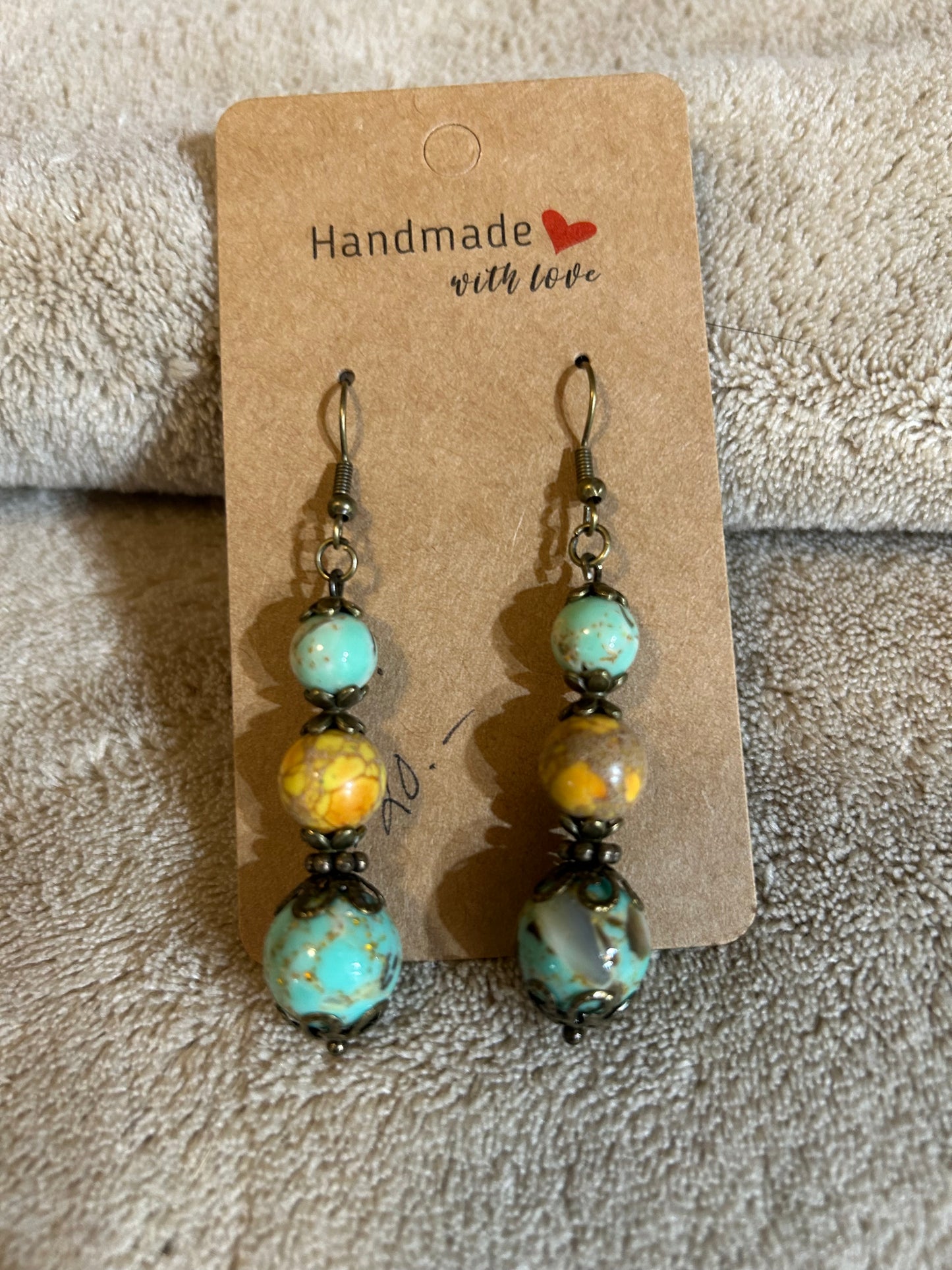 Earrings - Two Blue Turquoise & One Yellow Round Stone - Fish Hook Style