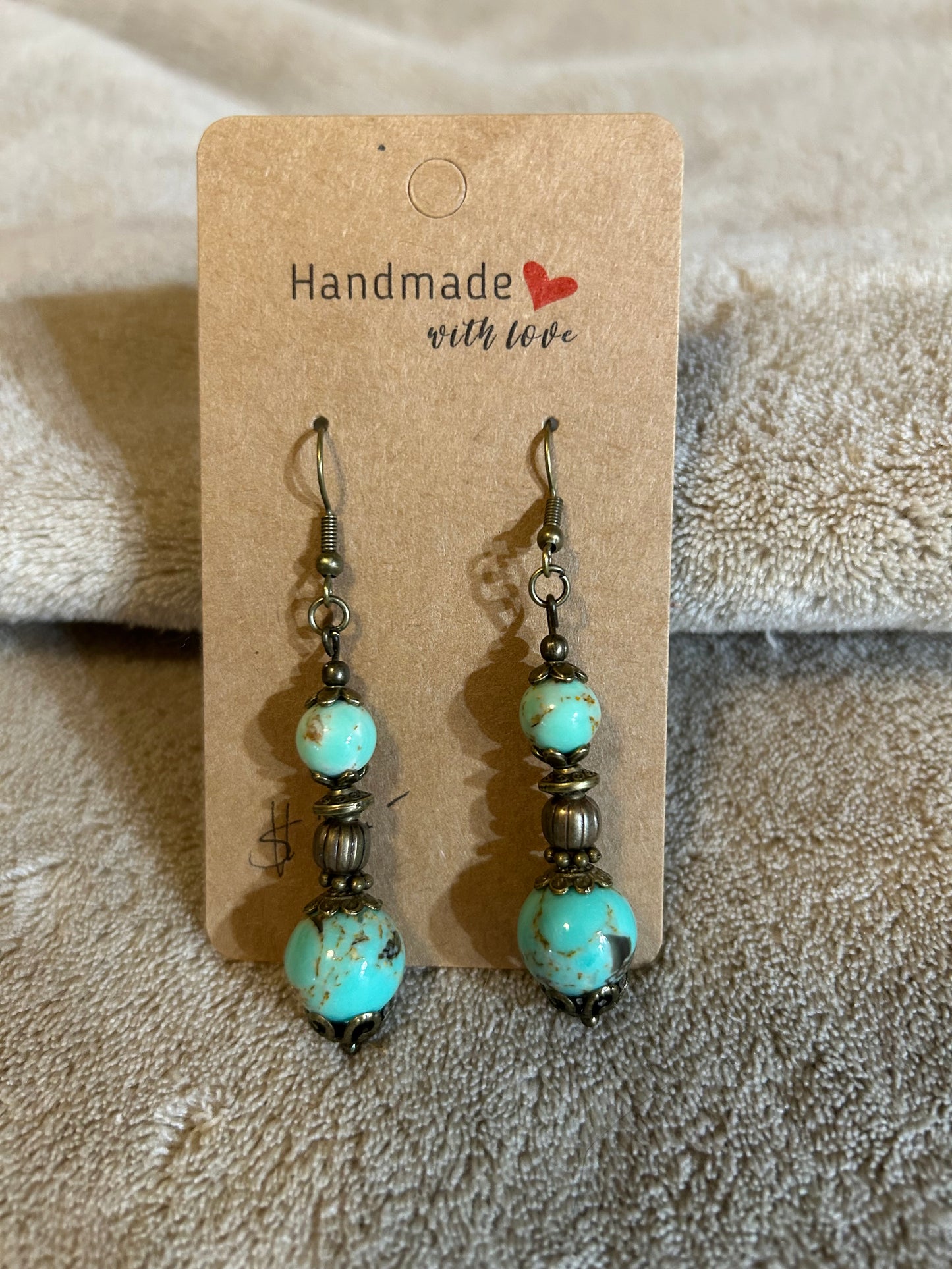 Earrings - Two Round Turquoise Stones - Fish Hook Style