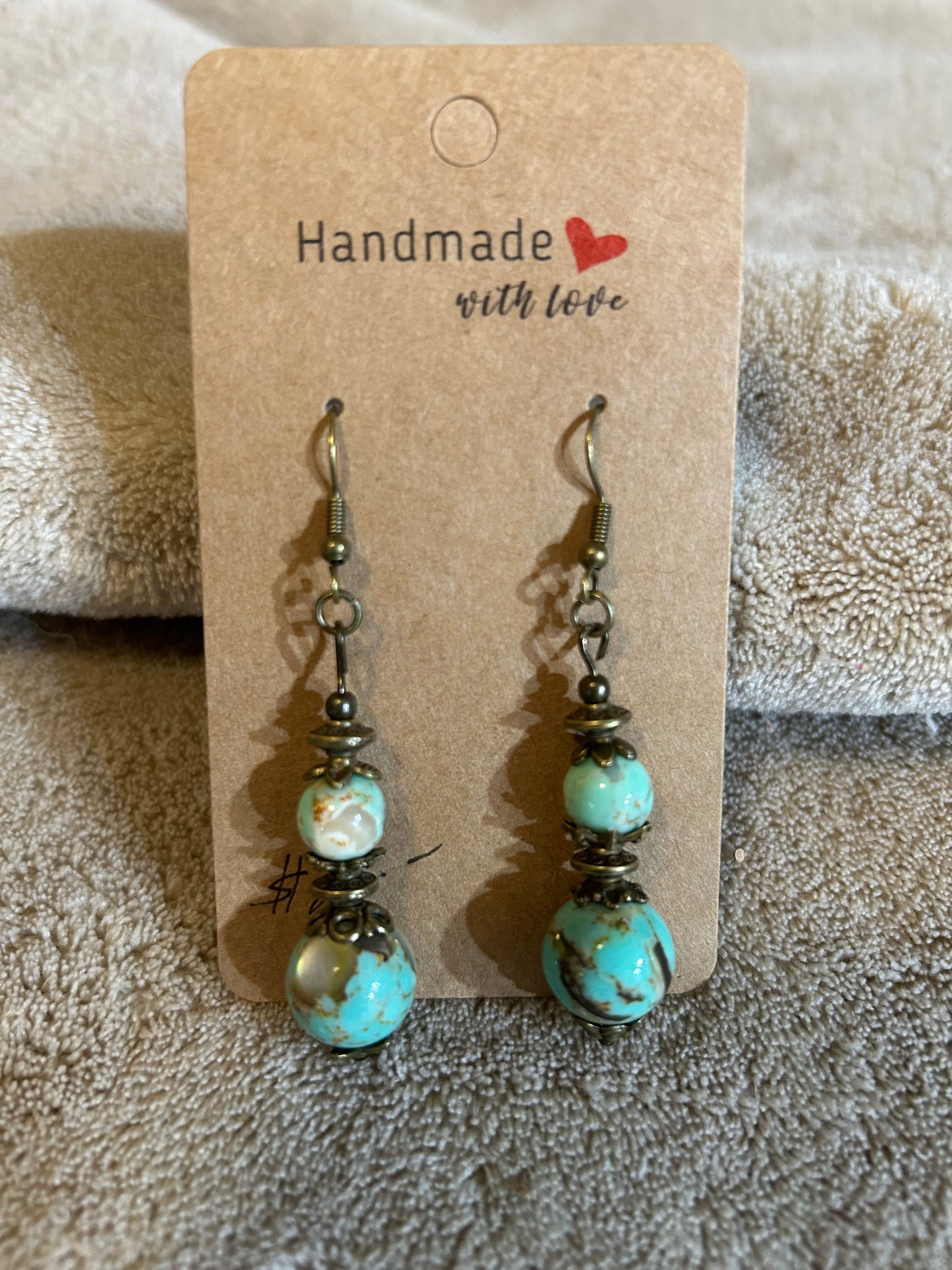 Earrings - Two Round Turquoise Stones - Fish Hook Style