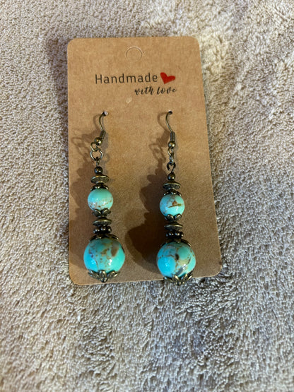 Earrings - Two Round Turquoise Stones - Fish Hook Style