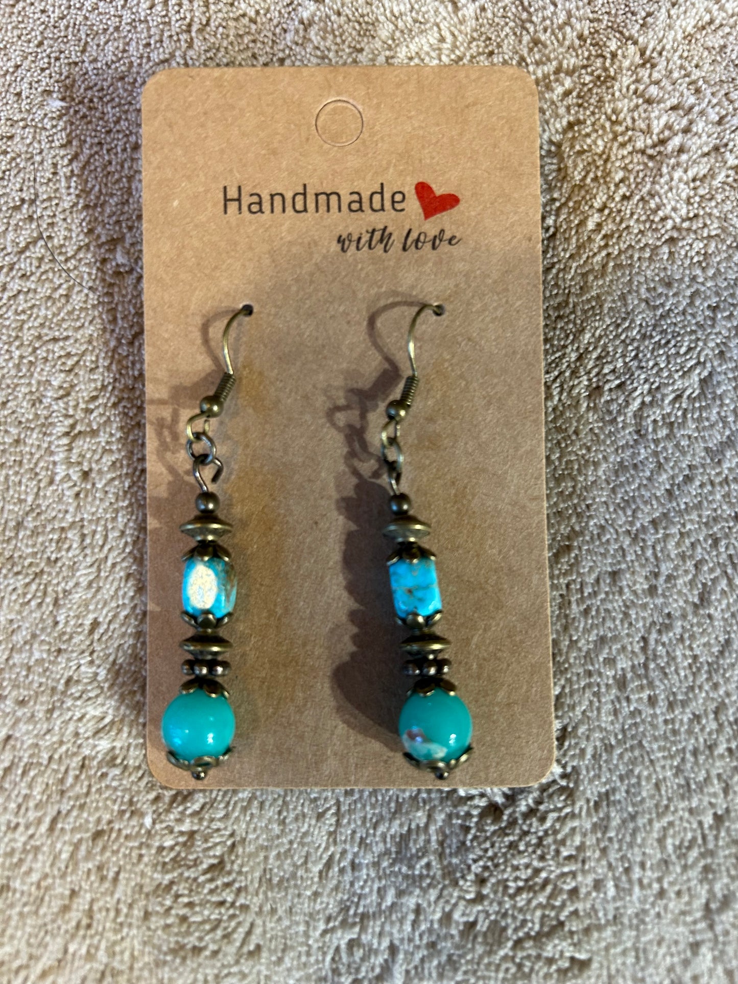 Earrings - Turquoise Small Rectangle Stone with Round Stone - Fish Hook Style