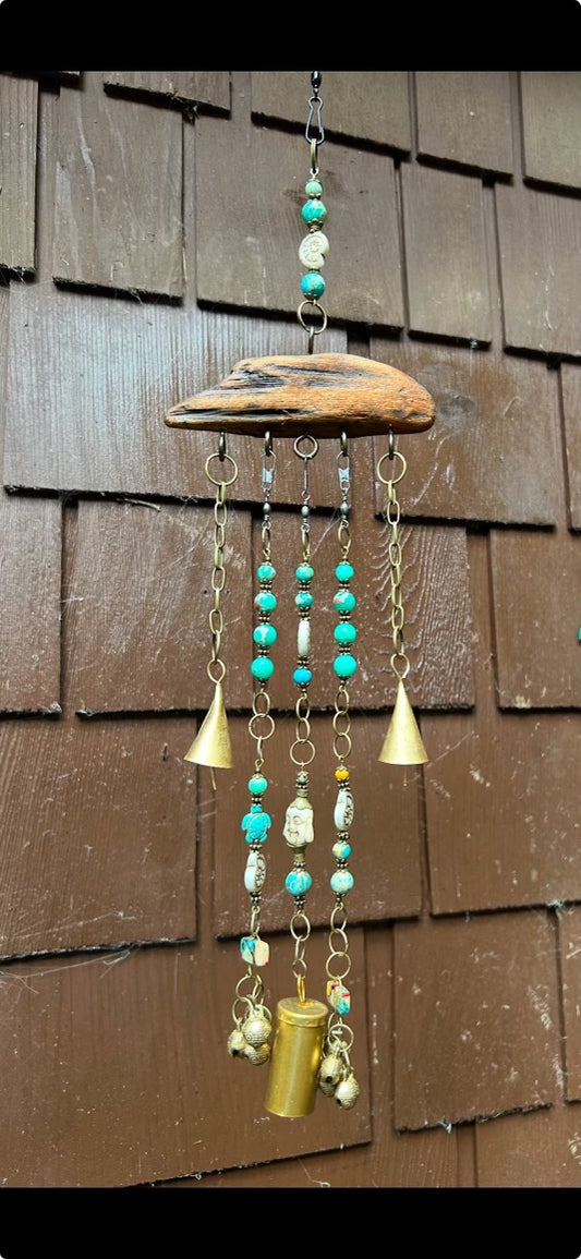 Wind Chime 21” long - Driftwood, Capiz Shells, and Natural Stone