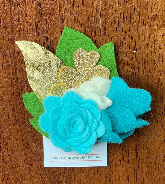 Brooch - Blue Flowers with Green & Gold Leaves Felt 2 1/4” x 2 1/2”